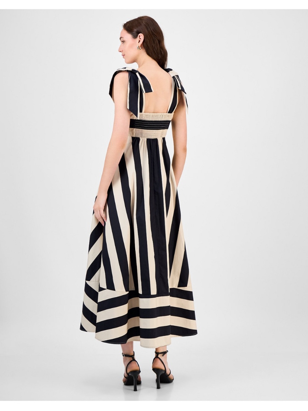 RACHEL Rachel Roy Black and Cream Striped Maxi Dress with Tie Straps